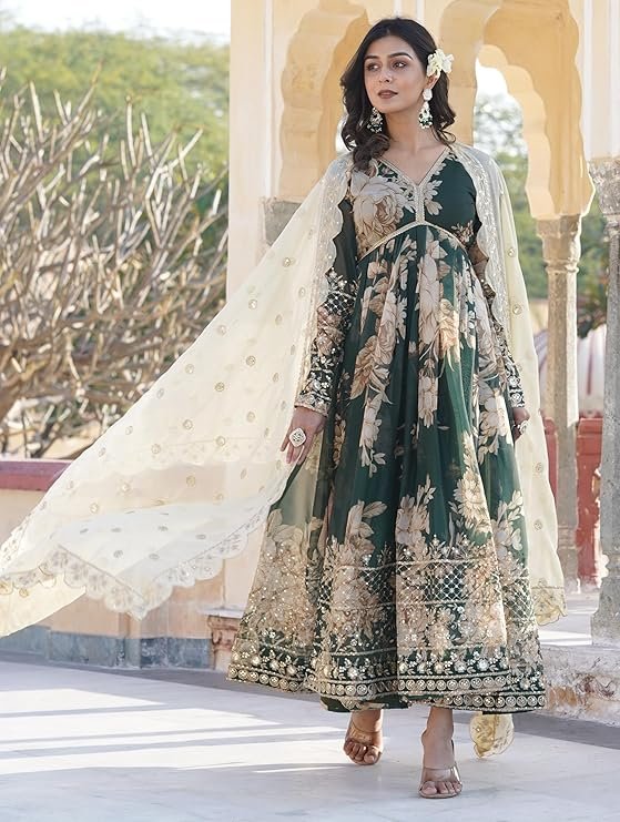 GoSriKi Women's Rayon Viscose Anarkali Solid Kurta with Pant & Dupatta