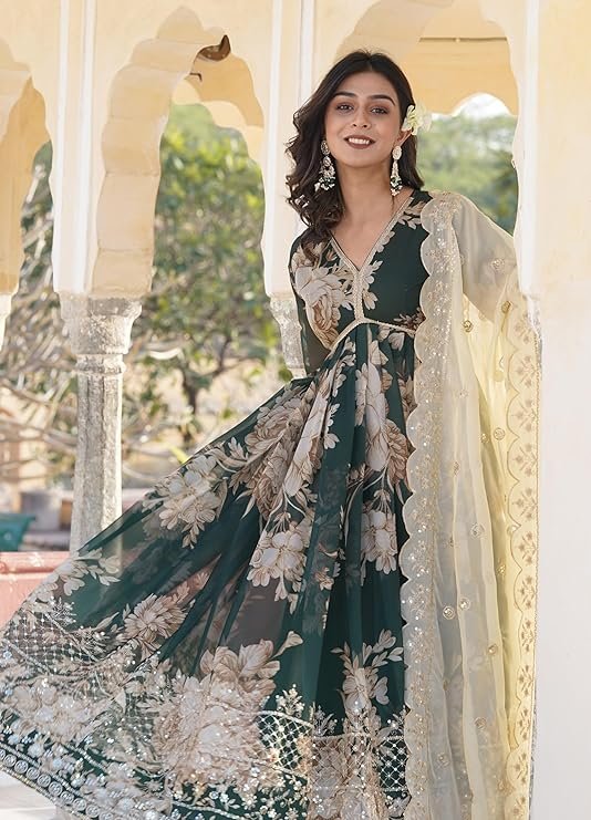 GoSriKi Women's Rayon Viscose Anarkali Solid Kurta with Pant & Dupatta