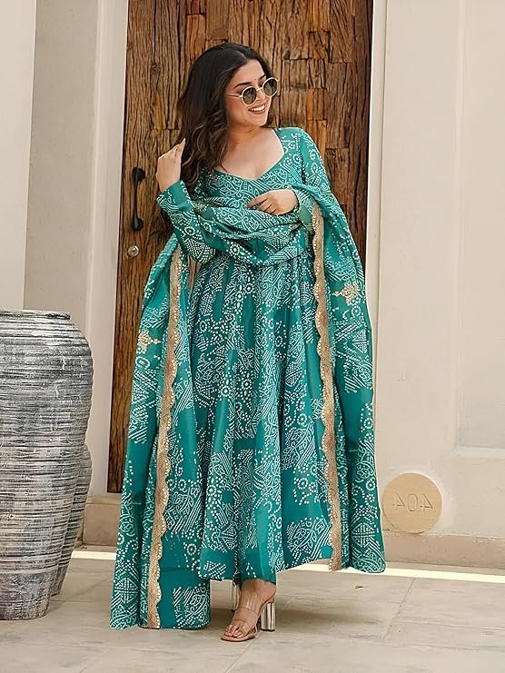 KLOSIA Women Rayon Printed Flared Anarkali Kurta And Pant With Dupatta Set